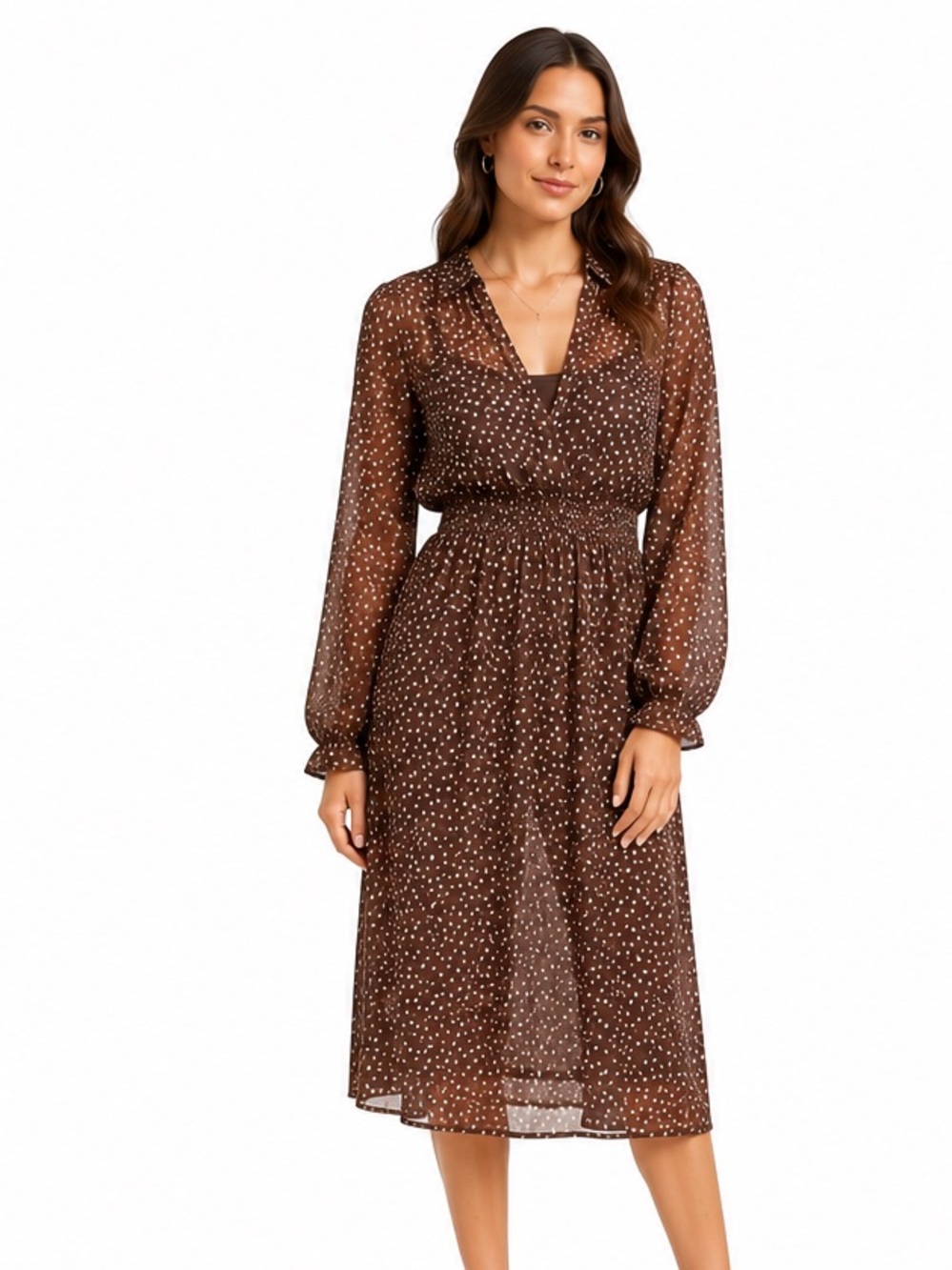 NWT Vintage Deadstock Eleganza Brown Polka Dot Sheer Midi Dress Women’s Size 12